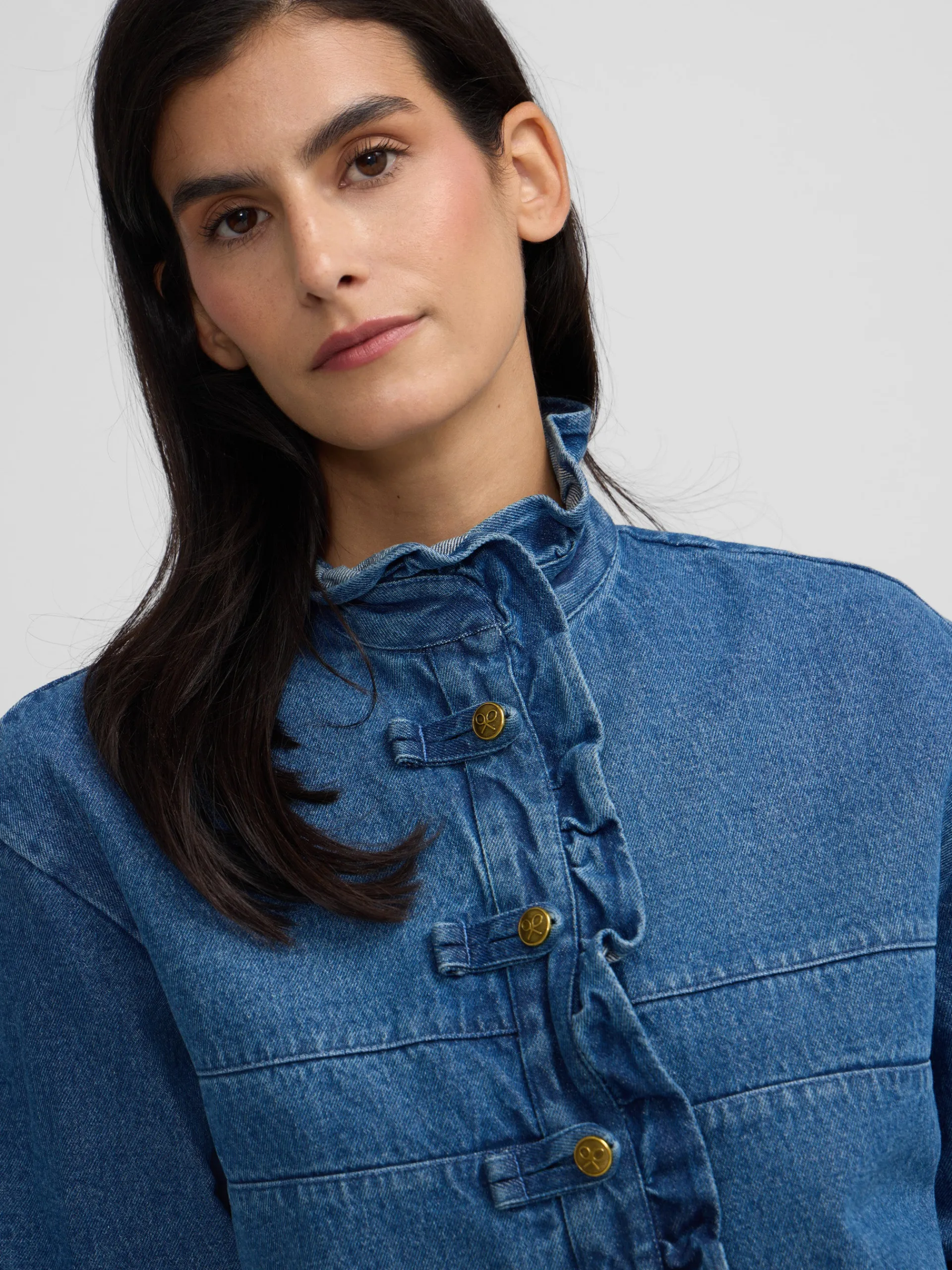 Silbon Camisas Y Blusas-Camisa volantes solapa Denim