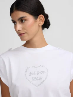 Silbon Camisetas, Polos Y Tops-Camiseta woman roll out corazon tachas Blanca