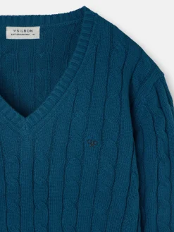 Silbon Punto-Jersey punto cuello pico Verde