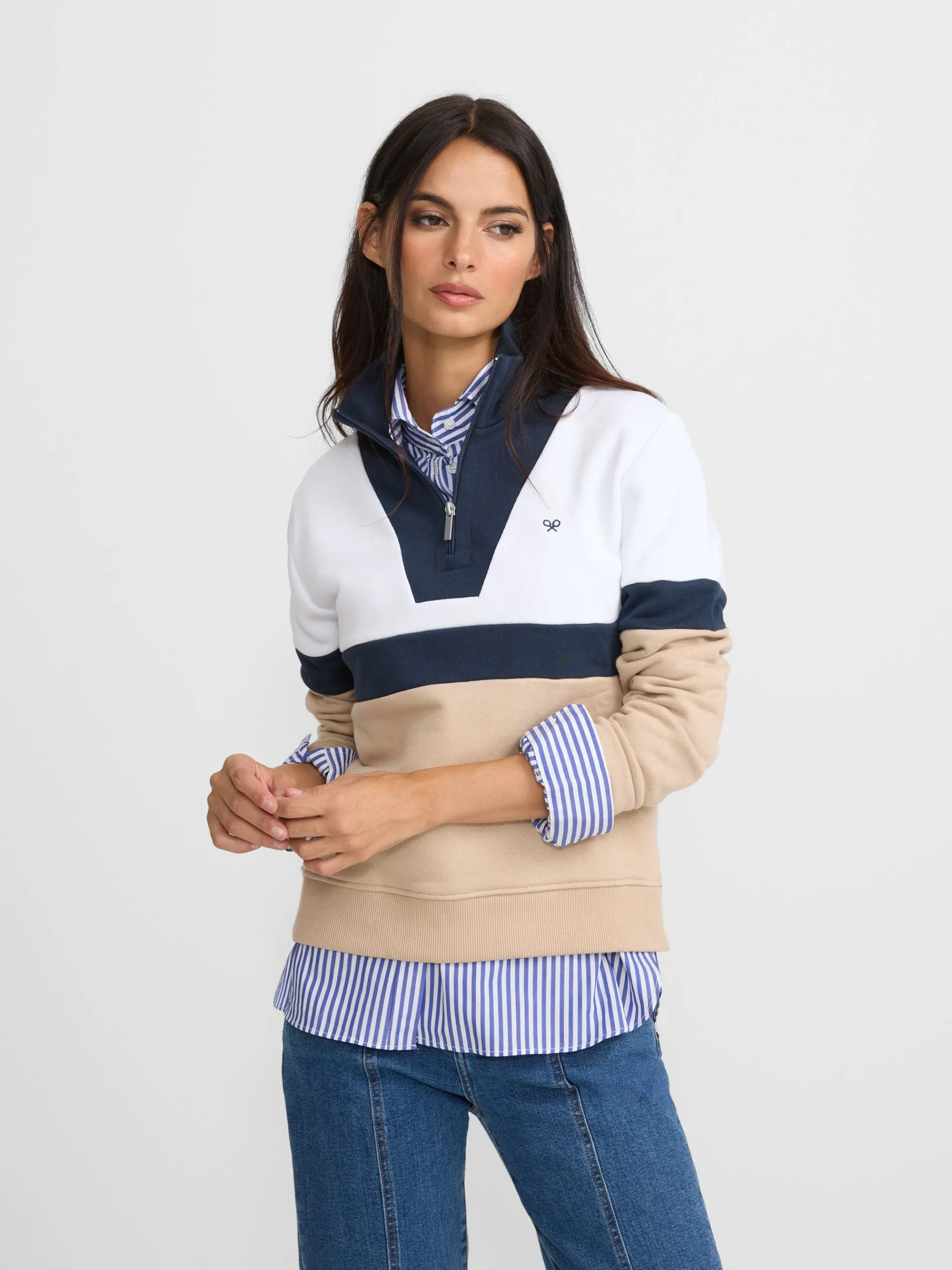 Silbon Sudaderas-Sudadera woman tricolor azul marino y beige Negro&nbsp;y&nbsp;beige